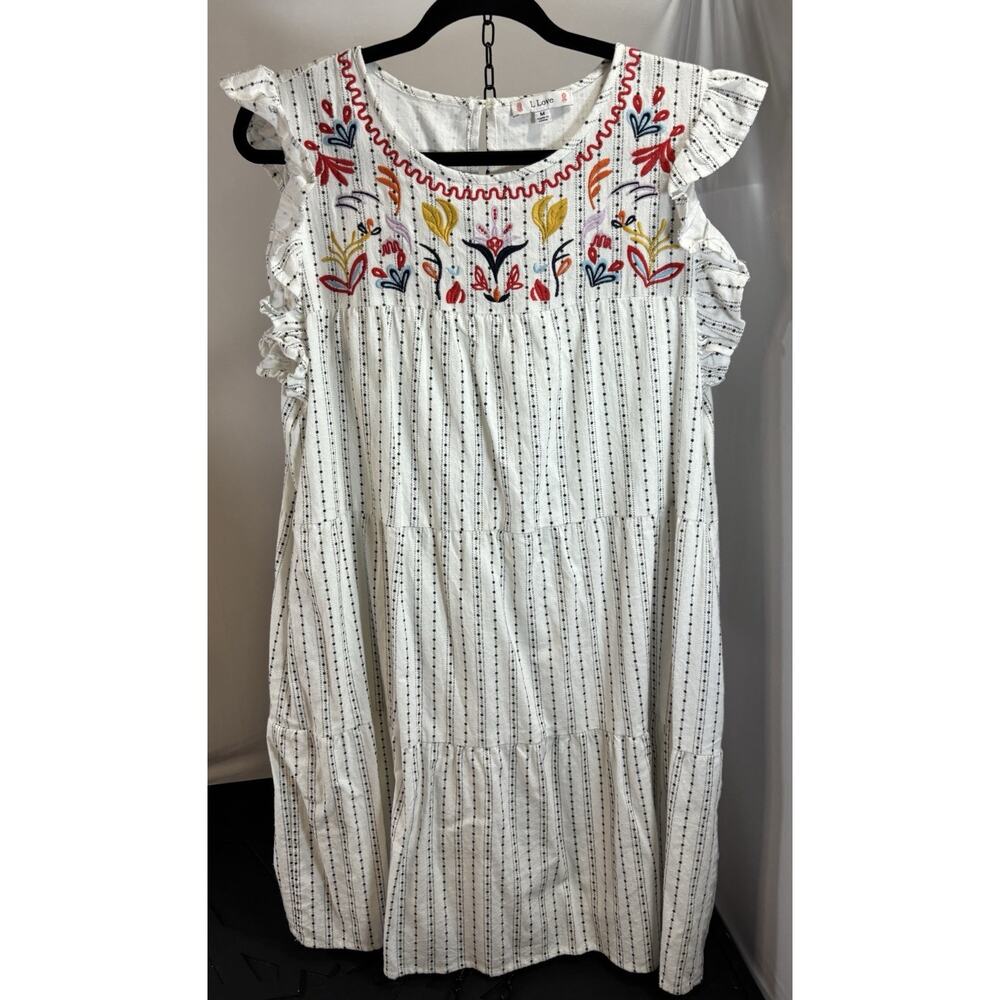 L Love Embroidered Boho Mini Dress Medium Cotton Tiered Peasant Folk